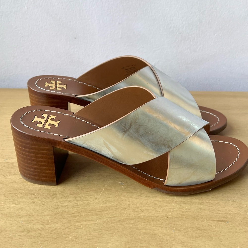 TORY BURCH SILVER METALLIC MONTROSE STACKED BLOCK HEEL SLIDE SANDALS BRAND NEW - Picture 7 of 16